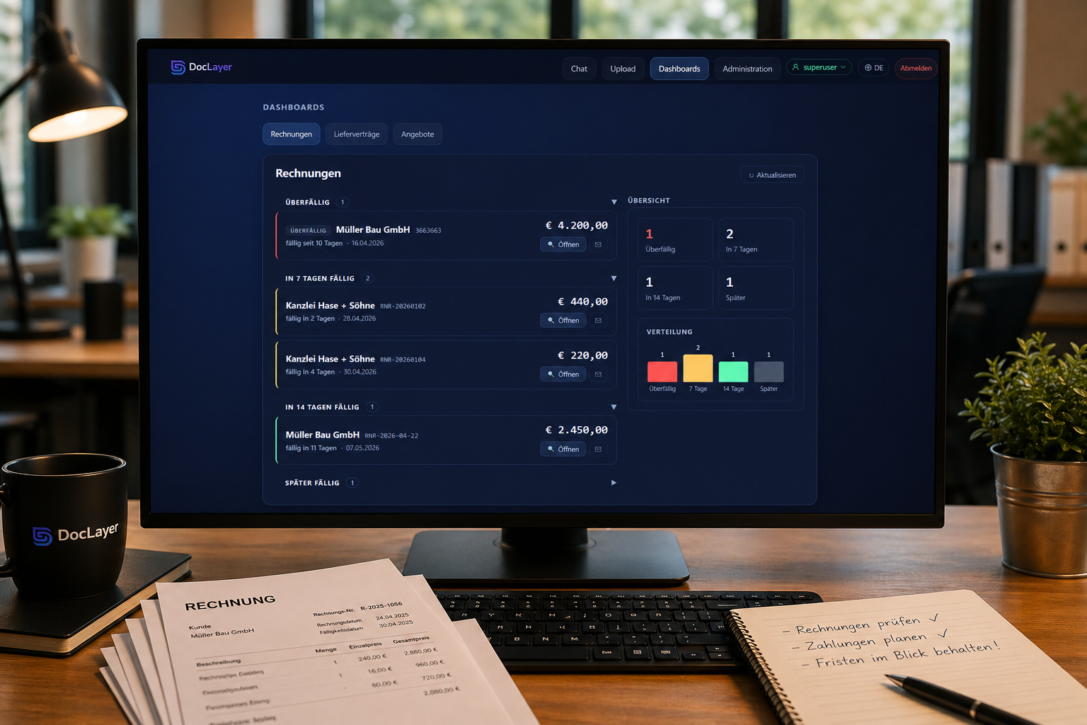 DocLayer Rechnungs-Dashboard auf einem Monitor