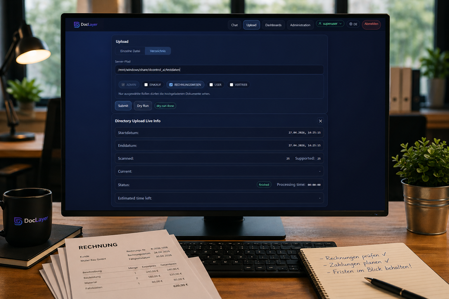 DocLayer Upload-Bereich mit Directory-Scan und Live-Status
